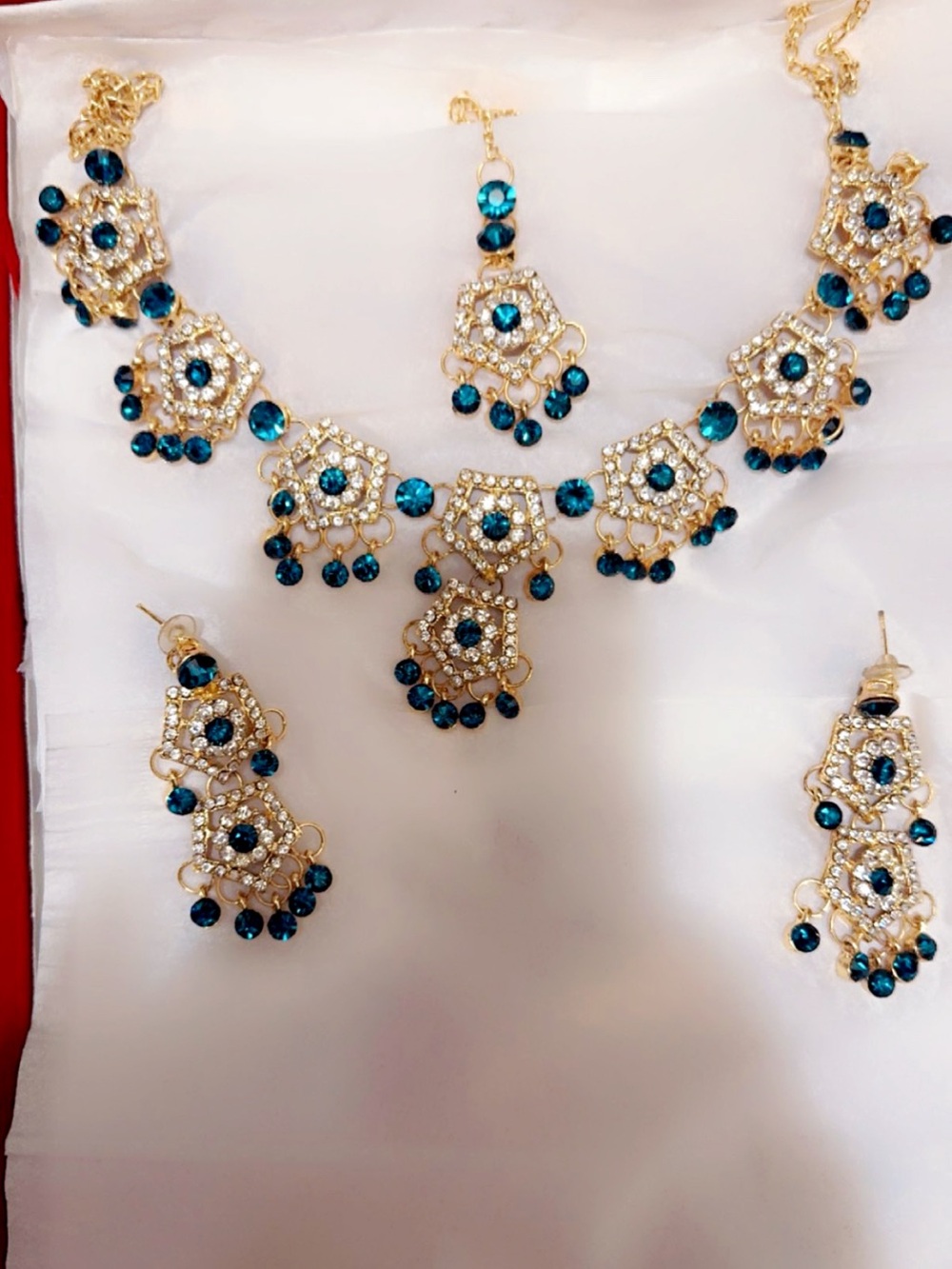 Gold-Tone Necklace and Earring Set with Teal Blue Crystals - Women Jewelry
